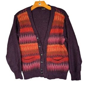 100% Alpaca Cardigan Sweater Purple Orange Artsy Peru Scandi Colorful S